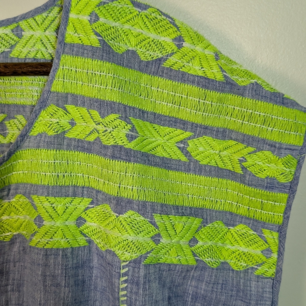 J.Crew Embroidery Neon Green Blue Chambray Linen Mini Cover Up Dress - Picture 6 of 10